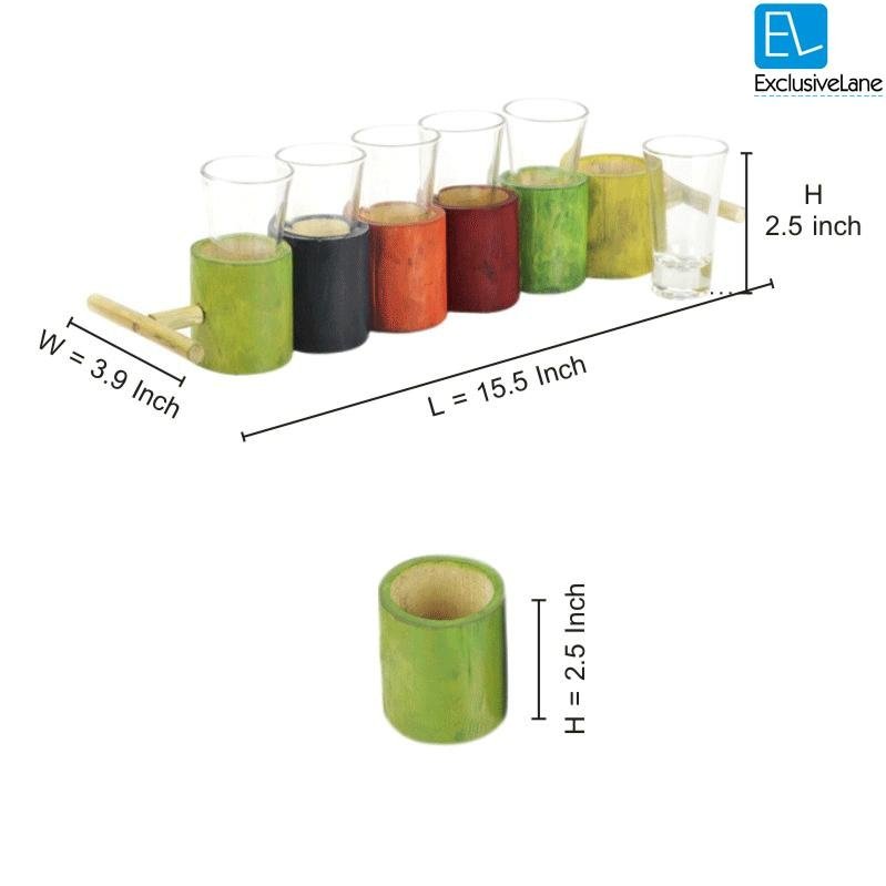 Vodka Shot Glasses With Multicoloured Antique Bamboo Holder Set Of 6 3