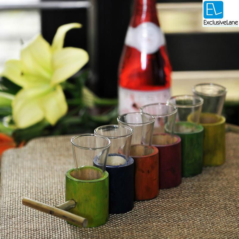 Vodka Shot Glasses With Multicoloured Antique Bamboo Holder Set Of 6 5