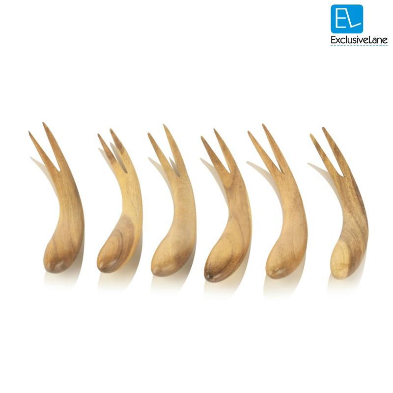 Curved Wooden Fork Set Of 6 In Natural Brown 4