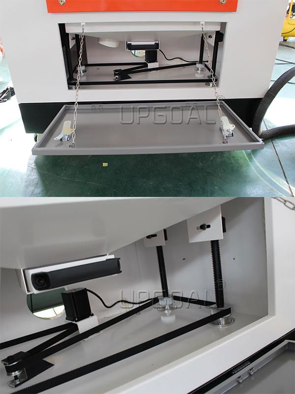 Auto Lifting Table for more thickness materials：Maximum Loading 50kgs with 180mm up-down distance.