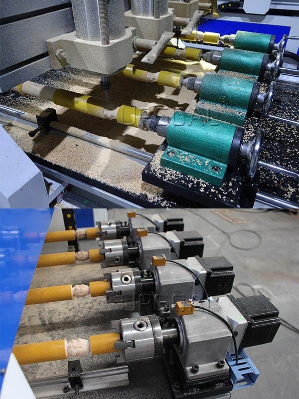 One Z-axis with 4 pcs spindle heads, and 4 pcs rotary axis, diameter 80mm, length 600mm,  can for 4pcs cylinder engraving at one time, much improving the working efficiency. And, each rotary axis with independent reduction gear type stepper motor, during working, the other ones can do continus working if one failure. 