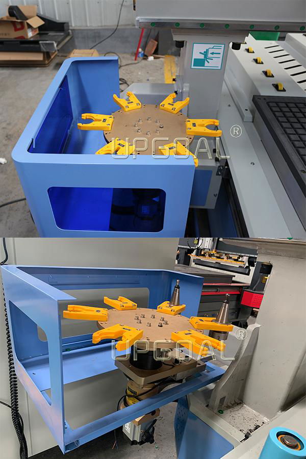  Disc type auto tool changer system, total 6 pcs(or more) bits in the tool magazine, only 8 seconds to change bits, can change the needed bits intelligently, saving bits changing time, improving efficiency.