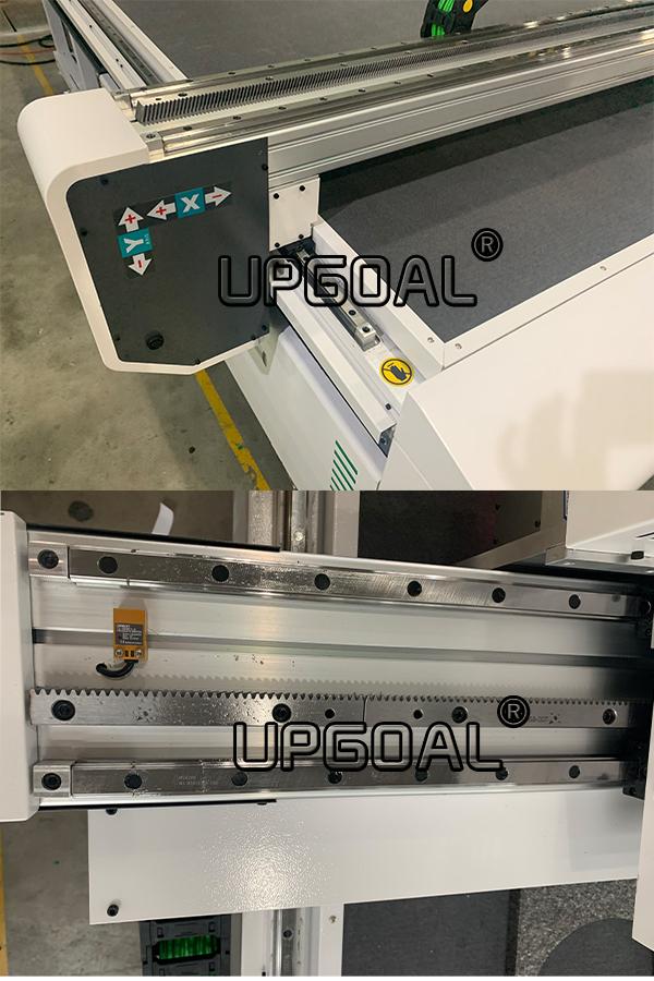  Imported PMI, Taiwan Linear square guide rail with ball bearing slide block which ensure high weight capacity,  high precision, smooth and steady running. Adopt WMH brand, Herion Helical gears pinion and rack transmission for X and Y axis, higher running speed and efficiency, and more durable.