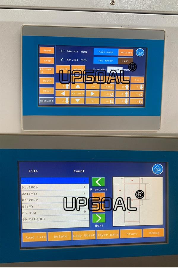 Adopted famous RuiDa RDD6584G touch screen control system supports both USB and Ethernet connection, has a knife cutting controller with tool direction following control function. 