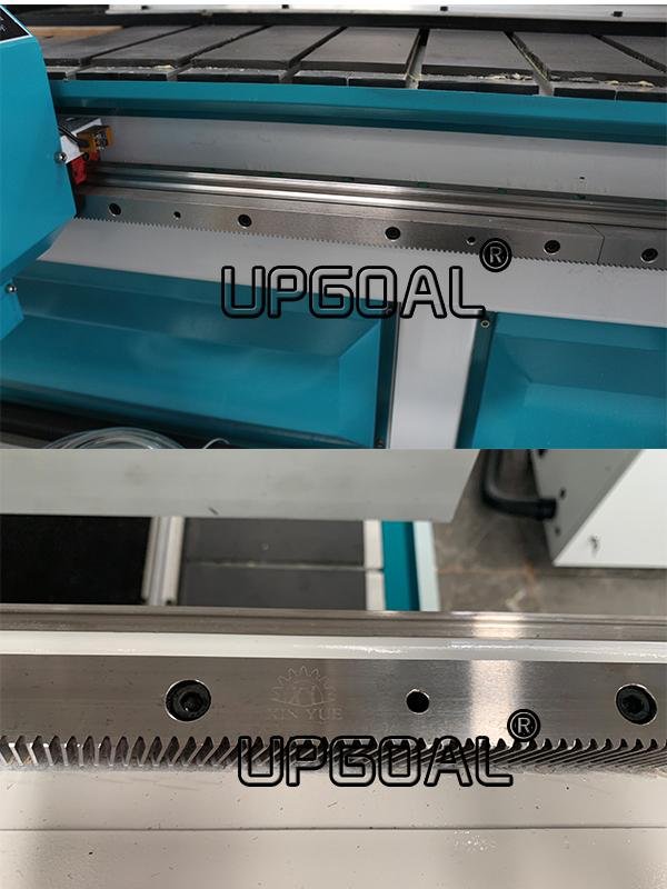 Imported Hiwin, Taiwan Linear square guide rail with ball bearing slide block which ensure high weight capacity,  high precision, smooth and steady running. Adpot imported precision ball screws, tools feeded with more accuracy.  6. XINYUE brand helical rack and pinion transmission for X /Y axis, higher running speed and efficiency, saving cost. Z- axis with precision lead ball screw, high precision and more durable.
