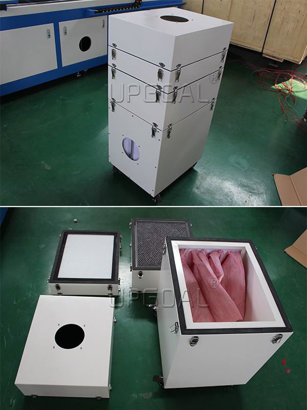 Air filter with 5 layers filtration, during the laser engraving cutting machine using, can filtering a mass of gas & smoke which are harmful to human health when engraving & cutting processing materials. Has the feature of low noise, flexible using, and cover small area.