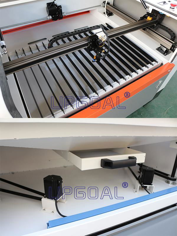 Honey Comb Table: applicable to various soft materials with good adsorption effect and low reflection ratio.  Knife Strip Table:  With oxidation treatment and low reflection ratio Ensured cutting quality  Auto Lifting Table for more thickness materials：Maximum Loading 50kgs with 200mm up-down distance.