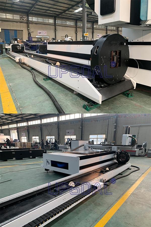 Rotary axis with cutting length 6000mm, It adopts an automatic pneumatically clamp design on both sides and it can modulate the center automatically. The diagonal adjustable range is 20-220mm. It employs intelligent tube support design, which can solve the deformation problems in the process of long tube cutting.