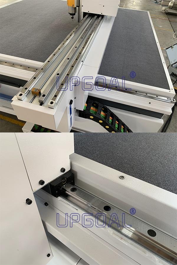  Imported original PMI, Taiwan Linear square guide rail with ball bearing slide block which ensure high weight capacity,  high precision, smooth and steady running. Adopt WMH brand, Herion helical gears pinion and rack transmission for X and Y axis, higher running speed and efficiency, and more durable.