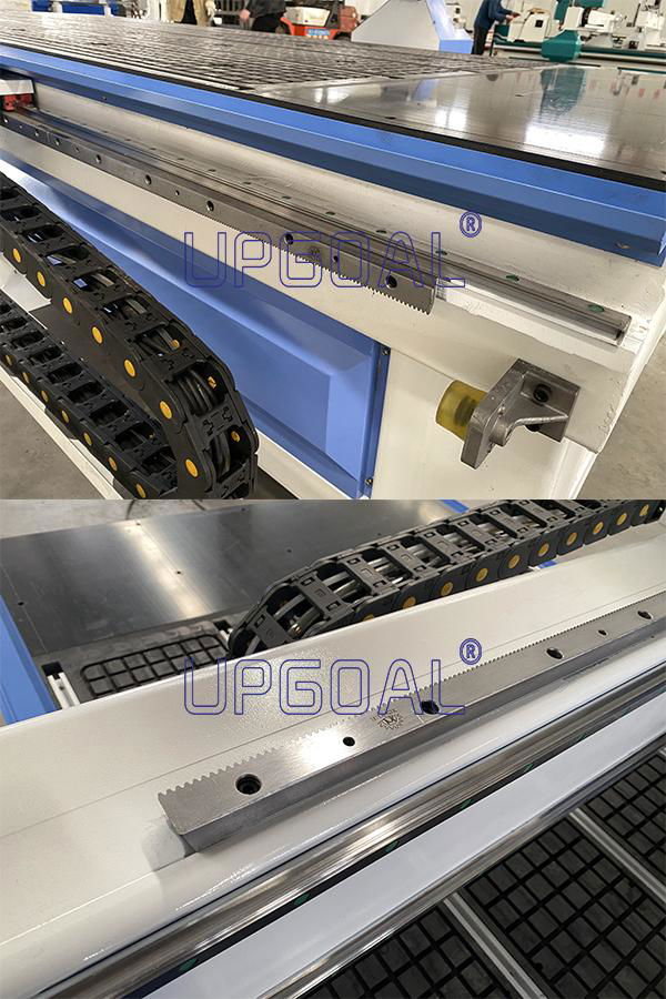 . Imported Hiwin, Taiwan Linear square guide rail with ball bearing slide block which ensure high weight capacity,  high precision, smooth and steady running. Adopt imported precision ball screws, tools feeded with more accuracy. 5. XINYUE brand Helical gears pinion and rack transmission for X and Y axis, higher running speed and efficiency, saving cost. Z- axis with precision ball screw, high precision and more durable.