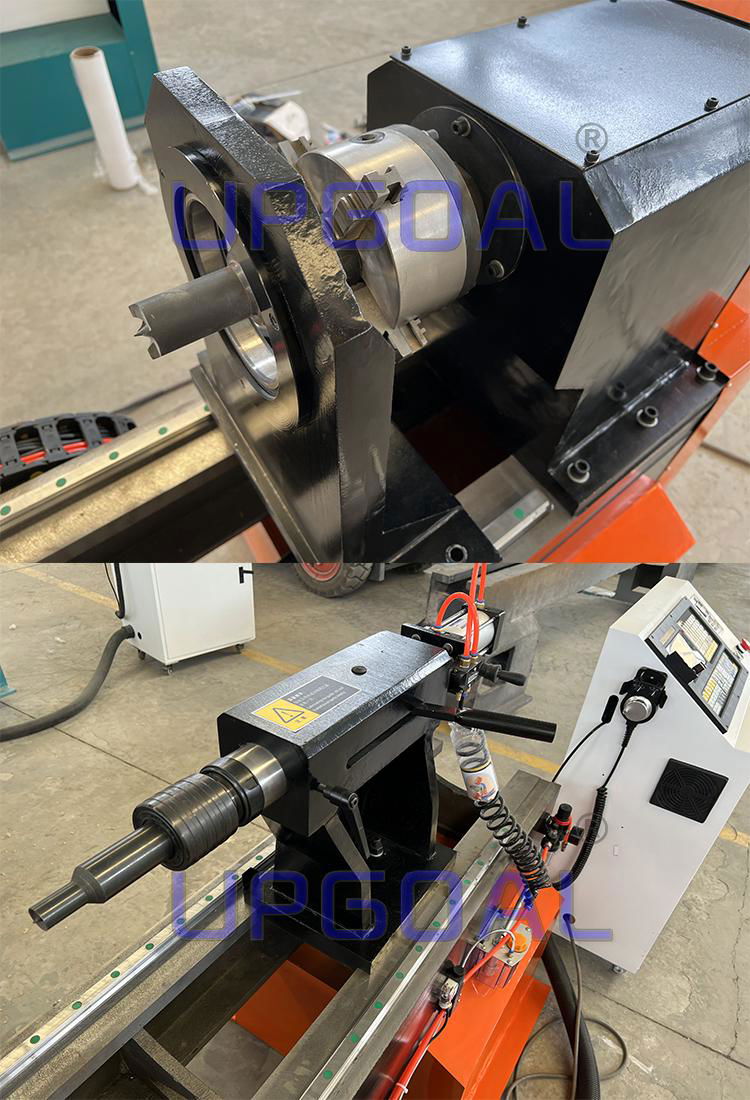 With large diameter proetction sheath, adoviding wood shading during processing, and has the air cylinder clamping materials at the back tailstck., convenient and stable working