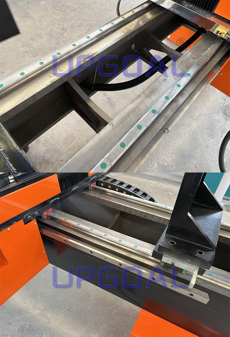 Imported Hiwin, Taiwan Linear square guide rail with ball bearing slide block which ensure high weight capacity,  high precision, smooth and steady running.   X Y with precision ball screw, Z-axis with helical rack pinion transmission, high precision and more durable.