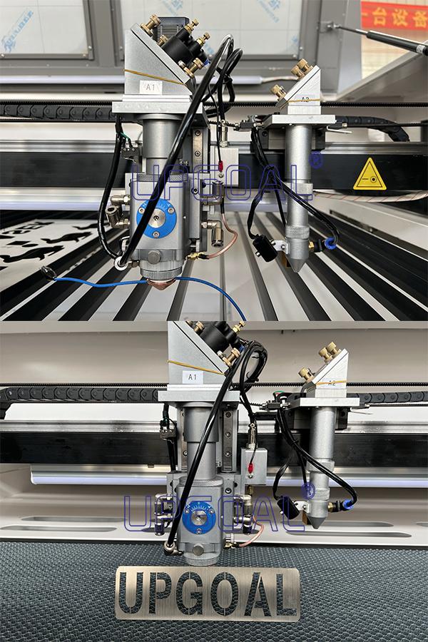 Equipped with dual metal&non-metal laser cutting head. Stainless steel, carbon steel, acrylic and wood can be cut.   A1 head With famous SLW 500W folding Co2 laser tube, can for 3-3.5mm thickness stainless steel/carbon steel cutting, also can for 40mm wood cutting.  A2 with Reci W2 90W Co2 laser tube, used for non-metal materials engraving & thin cutting.