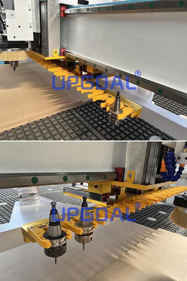 Linear type auto tool changer system, total 15 pcs bits in the tool magazine, can change the needed bits intelligently, saving bits changing time, improving efficiency.