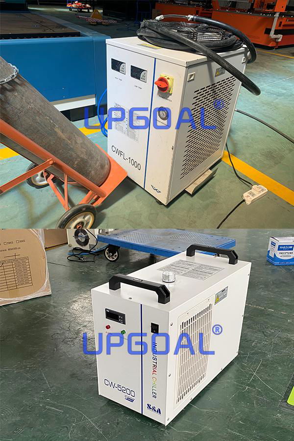 2 Sets Industrial chiller CWUL-2000 & CW-5200（S&A Teyu ）, ensuring fiber laser and laser head can be cooled quickly to ensure that the laser machine has stable power even working at high temperature, high efficient and fast operation.