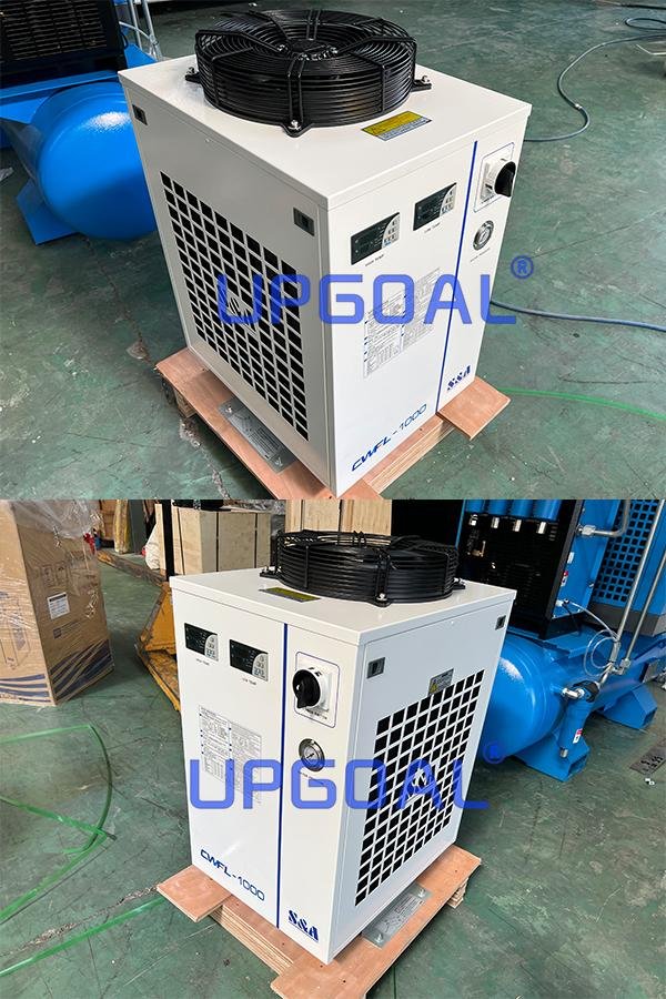 S&A Teyu Industrial chiller CWFL-1000, ensuring fiber laser and laser head can be cooled quickly to ensure that the laser machine has stable power even working at high temperature, high efficient and fast operation.