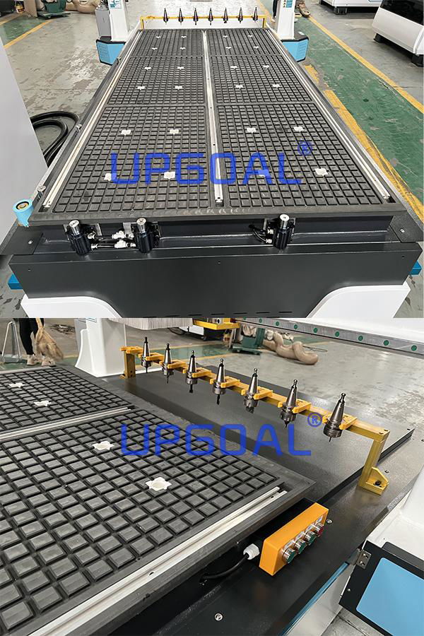 Vacuum adsorption system: vacuum adsorption table with aluminum alloy T slot & pilot pin & feeding wheels , adopted bakelite table, high density, no deformation and high adsorption, can for different size materials adsorption, saving time compared the traditional mechanical plate fixing, the vacuum pump is 7.5kw air cooling type to solve water cooling vacuum pump changing water issue in the frigid weather.With feeding wheels on the back of machine, convenient for heavy materials loading.