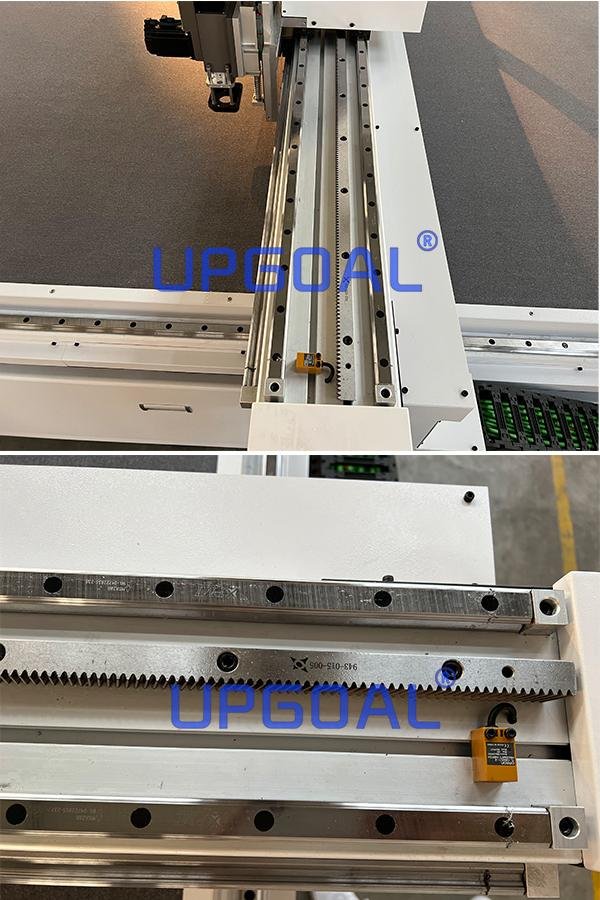  Imported original PMI, Taiwan Linear square guide rail with ball bearing slide block which ensure high weight capacity,  high precision, smooth and steady running. Adopt WMH brand, Herion helical gears pinion and rack transmission for X and Y axis, higher running speed and efficiency, and more durable.