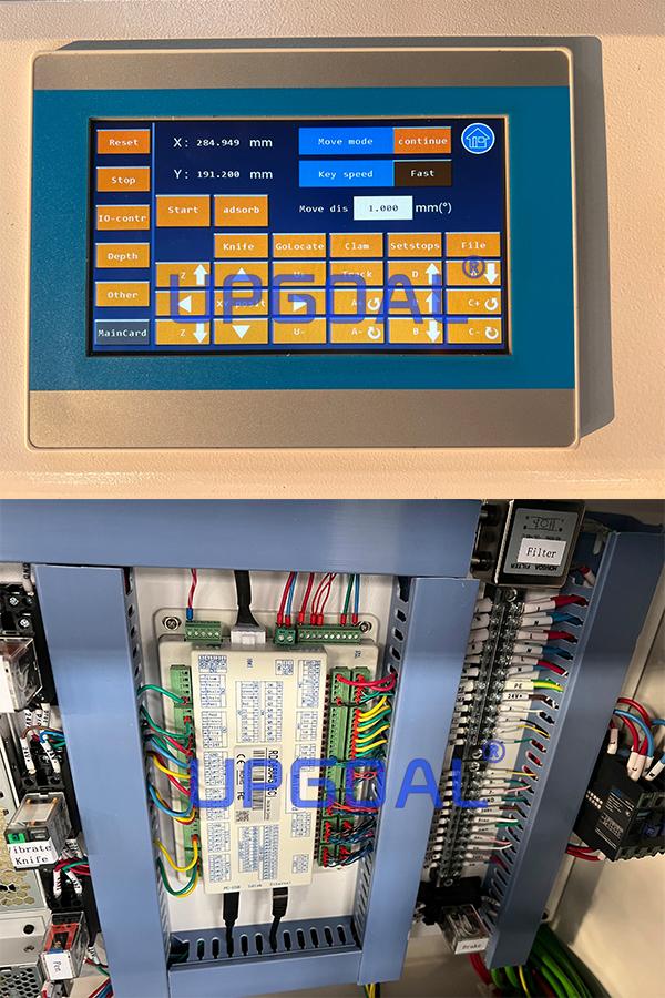 Adopted famous RuiDa RDD6584G touch screen control system supports both USB and Ethernet connection, has a knife cutting controller with tool direction following control function. It integrates the processing of tools such as vibrating cutters, round cutters, milling cutters, and pressing wheels. It also integrates feeding, circular punching, and V-shaped special punching. Hole, pen processing, red light positioning and a series of functions.