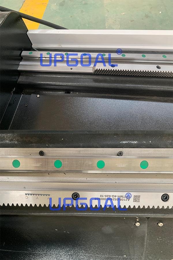 with imported Hiwin, Taiwan Linear square guide rail with ball bearing slide block which ensure high weight capacity,  high precision, smooth and steady running.Taiwan YYC rack&pinion transmission system for XY-axis,improves the production efficiency.