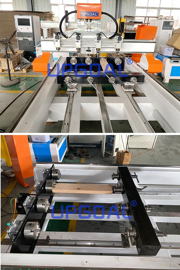  One Z-axis with 4 spindle heads, and corresponding 4 rotary axis( maximum diameter 300mm, working length 1500mm,chuck type, reduction gear transmission), can for 4 pcs cylinder proecessing at same time, much improving the working efficiency.