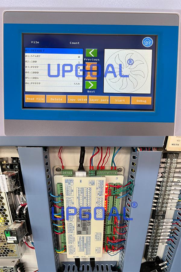 Adopted famous RuiDa RDD6584G touch screen control system supports both USB and Ethernet connection, has a knife cutting controller with tool direction following control function. It integrates the processing of tools such as vibrating cutters, round cutters, milling cutters, and pressing wheels. It also integrates feeding, circular punching, and V-shaped special punching. Hole, pen processing, red light positioning and a series of functions.