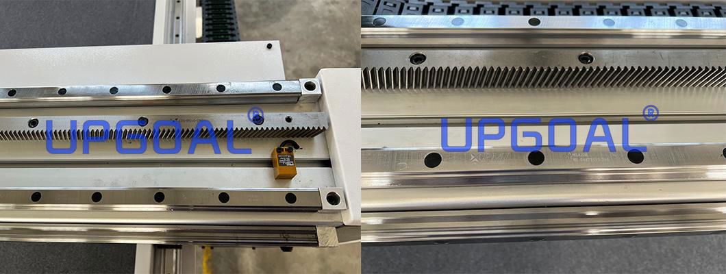 Imported original PMI, Taiwan Linear square guide rail with ball bearing slide block which ensure high weight capacity,  high precision, smooth and steady running. Adopt WMH brand, Herion helical gears pinion and rack transmission for X and Y axis, higher running speed and efficiency, and more durable.