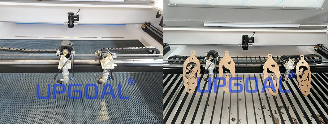 Two-way Movable Co2 laser head  Automatic adjusting distance, two head working together, much improving working efficiency. Safe and Durable. Simple Operation with high engraving/cutting speed and high laser power convert ratio.