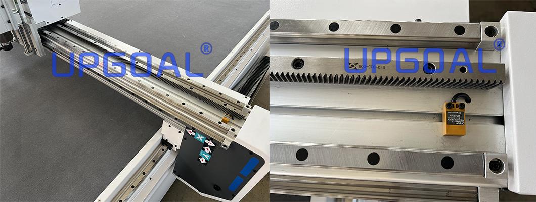 Imported original PMI, Taiwan Linear square guide rail with ball bearing slide block which ensure high weight capacity,  high precision, smooth and steady running. Adopt WMH brand, Herion helical gears pinion and rack transmission for X and Y axis, higher running speed and efficiency, and more durable.