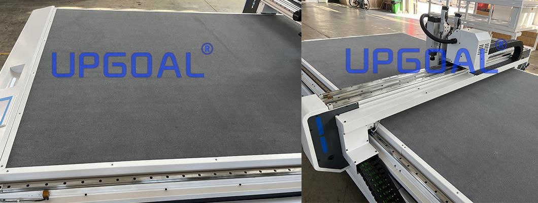 Whole cast aluminum vacuum table with imported felt, ensuring the machine stablity.and 8 zones partition automatic adsorption, good for small pcs material adsorption, ensuring the machine cutting precision and stablity.