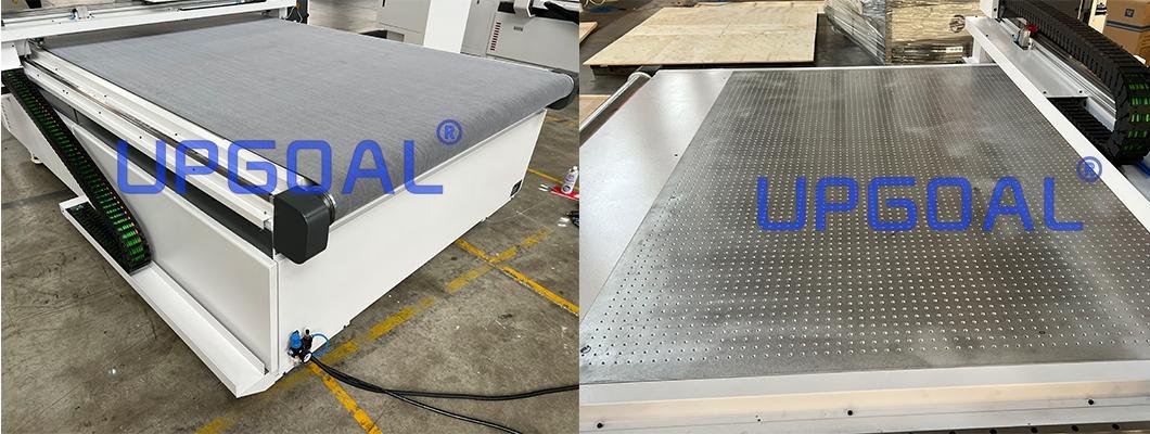 Whole cast aluminum vacuum table with adsorption felt, ensuring the machine stablity. And, equipped with 2 sets  7.5KW+3.0KW high pressure air cooling turbofan, high adsorption ability.