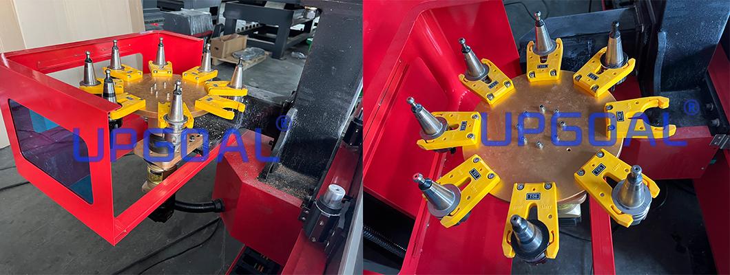 Disc type auto tool changer system, total 8 pcs(or more) bits in the tool magazine, only 8 seconds to change bits, can change the needed bits intelligently, saving bits changing time, improving efficiency.