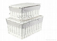 White Wicker Grey Striped Lined Laundry Bin