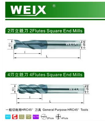 WEIX Solide Carbide 2Flutes/4Flutes Square End Mill for HRC45 4