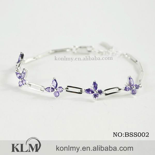 BSS002 leaves silver bracelet -925 sterling silver with amethyst aaa CZ