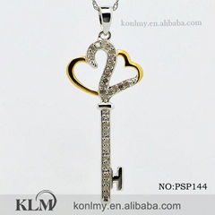 PSP144 key design double heart shape yellow plated 925 sterling silver valentine