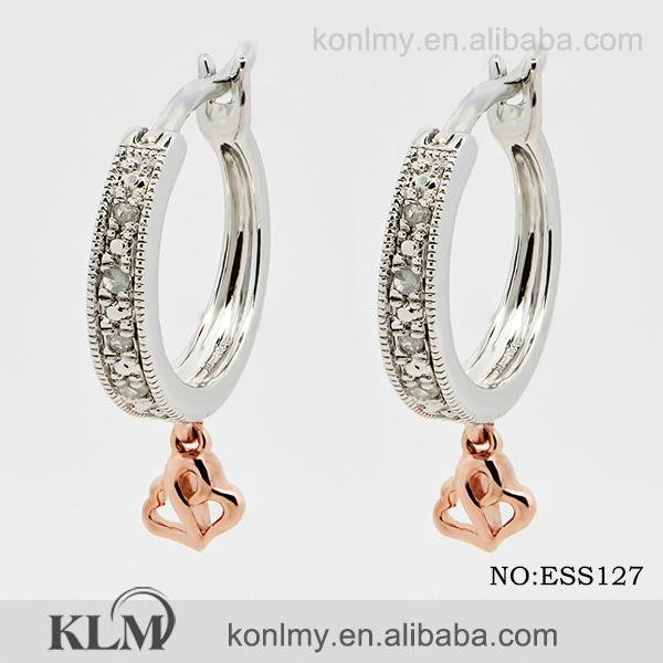 ESS127 wholesale jewelry pink gold drop heart 925 sterling silver hoop earrings 