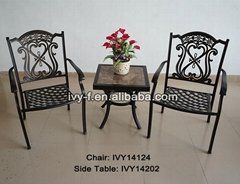 metal cast aluminum small square ceramic side table and 2 chairs stackable