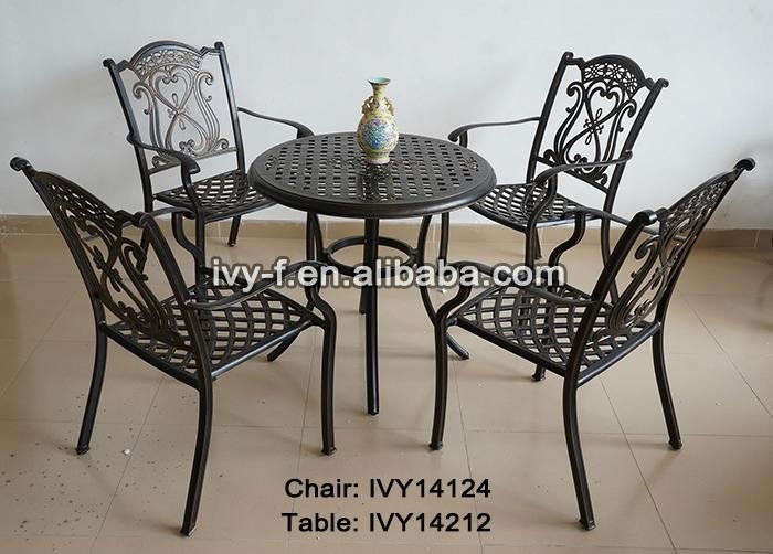 round table and chairs set in cast aluminum frame all-weathered stackable chair