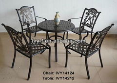 round table and chairs set in cast aluminum frame all-weathered stackable chair