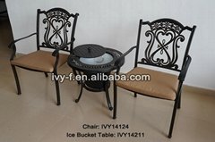 outdoor cast aluminum ice bucket round side table and 2 chairs stackable chairs