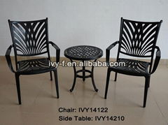 metal cast aluminum round end table with 2 stackable chairs for outdoor