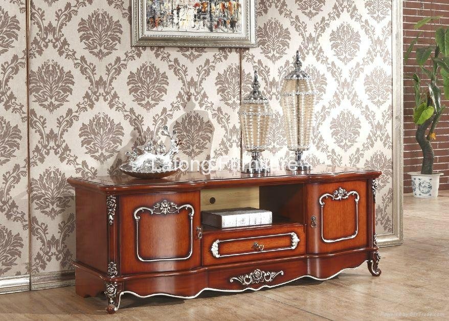 Living room furniture solid wood TV cabinet with hand carved pattern and drawers