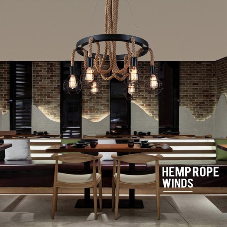 Vintage hemp rope circular chandelier ring pendant light lamp 5