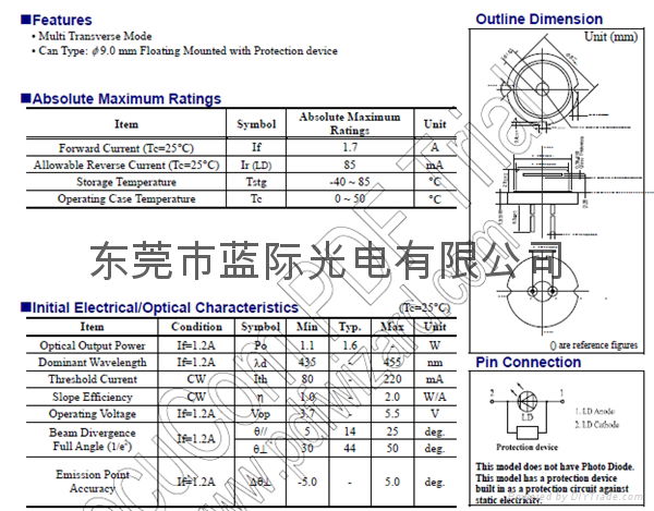 450nm 1.6W 蓝光激光二极管 5