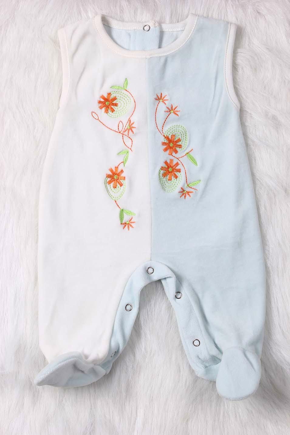 Sleeveless Velvet baby romper with feet White& Blue Spliced Romper 3