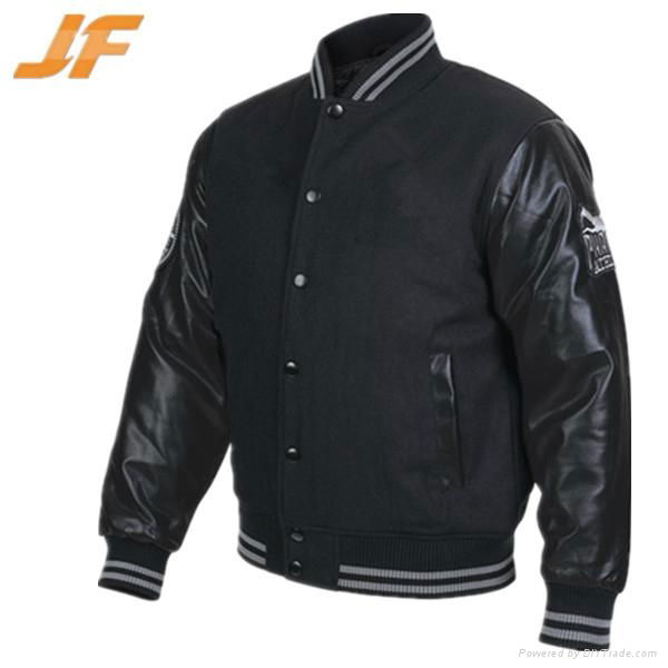 Varsity jacket with leather sleeves
