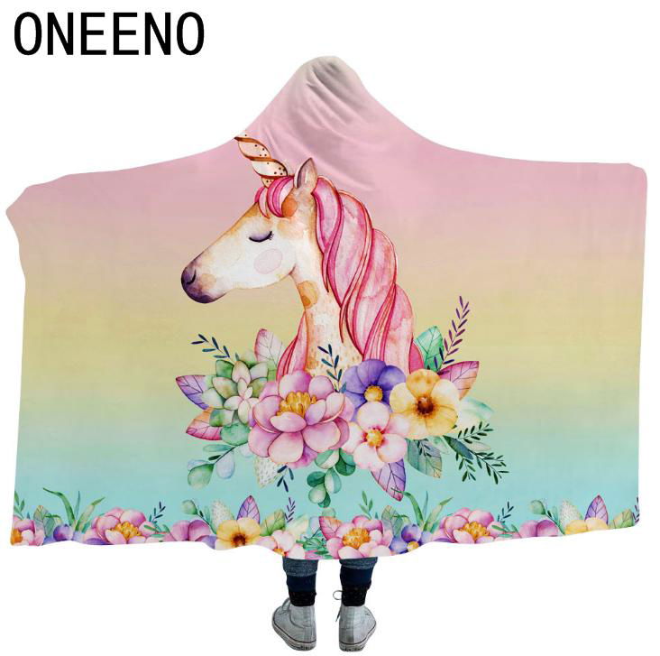 ONEENO High quality cheap hooded blanket with unicorn pattern printed