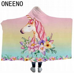 ONEENO High quality cheap hooded blanket with unicorn pattern printed