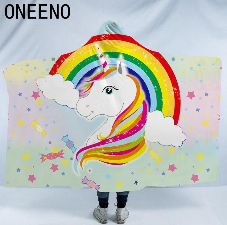 ONEENO High quality cheap hooded blanket with unicorn pattern printed 4